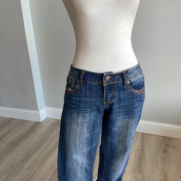 Y2K Low Rise Flare Blue Jeans with Brown Embroidery Coastal Cowgirl Denim Retro - Picture 3 of 8